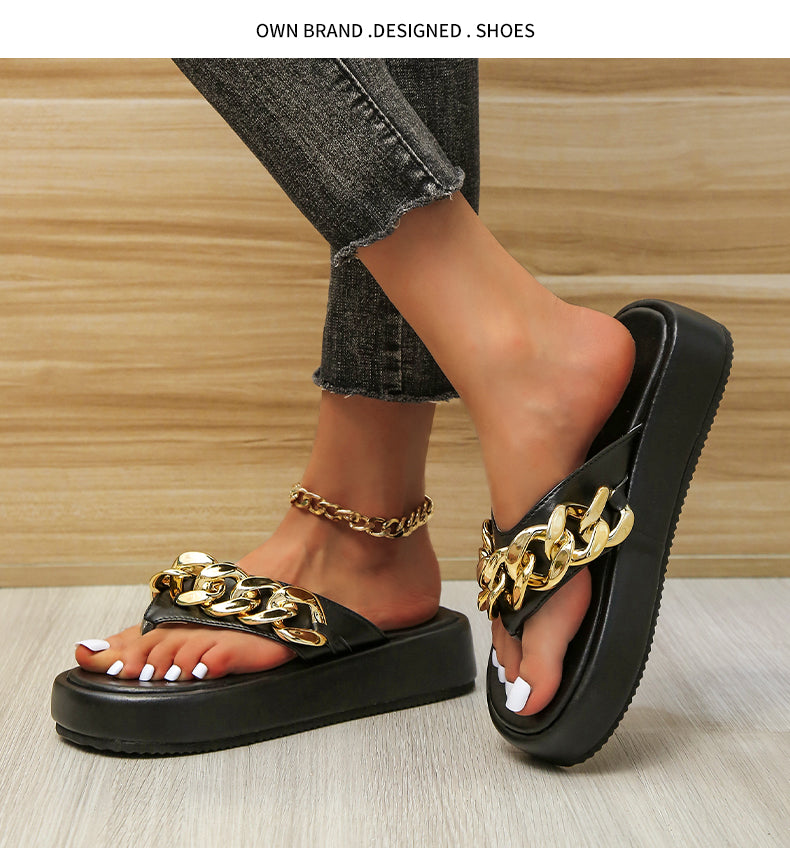 Platform Flip-Flops Women Korean Style Flat Casual Chain Shoes