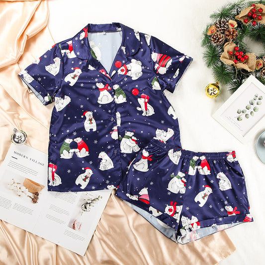 Satin Short-sleeved Pajamas Set For Women Christmas Print - ladieskits - women pajamas