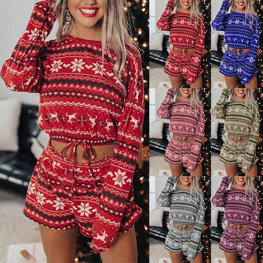 Printed Long-Sleeved Casual Christmas Home Set Pajamas Women - ladieskits - women pajamas