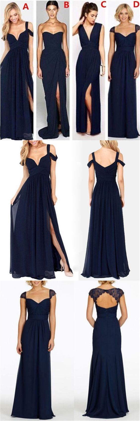 A-Linie Marineblau Ungleichmäßige Seitenschlitze Lange Brautjungfernkleider Kleider für Hochzeitsgäste,#711064