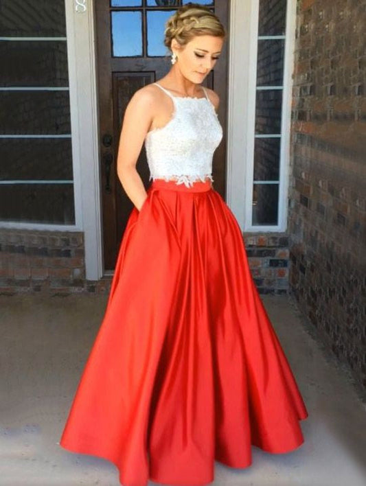 Newest 2 Piece White Lace Crop Top Prom Dress Long with Red Skirt for Teens,#711066