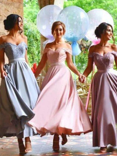 Knöchellange pastellfarbene Brautjungfernkleider, schulterfreie Brautjungfernkleider mit zarten Spitzenapplikationen, #711088