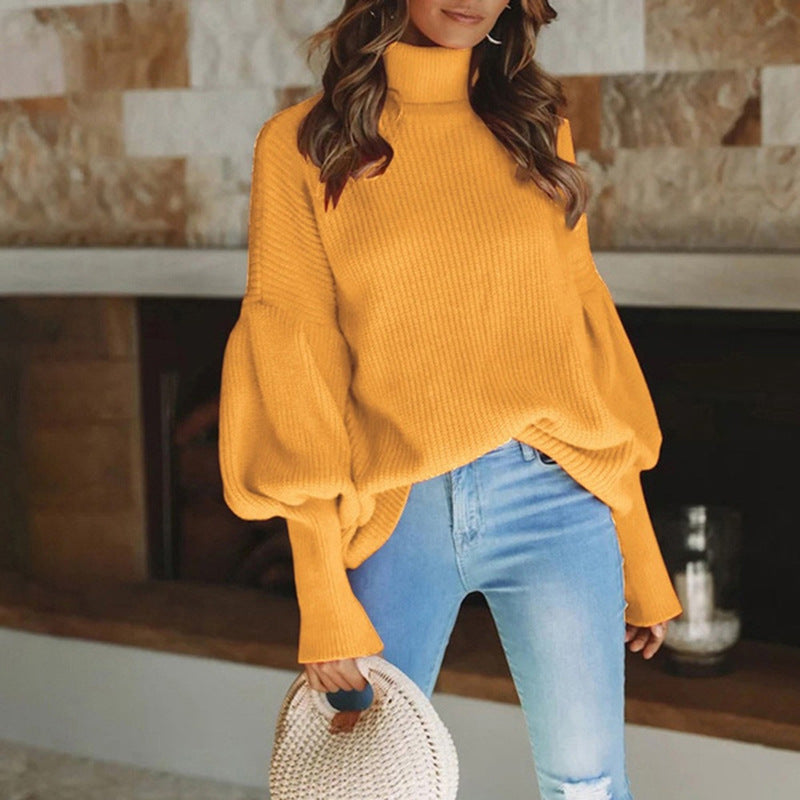 Autumn Winter Sweater Women's Solid High Collar Long Sleeve Knitted Top