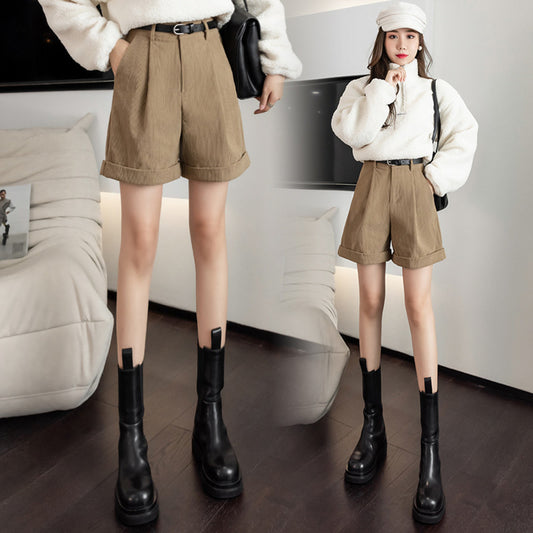 Brown Corduroy Shorts With Martin Boots For Women - ladieskits - 0