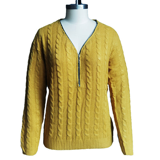 Knitted twist V-neck zipper long-sleeved sweater women - ladieskits - sweatshirt vs sweater