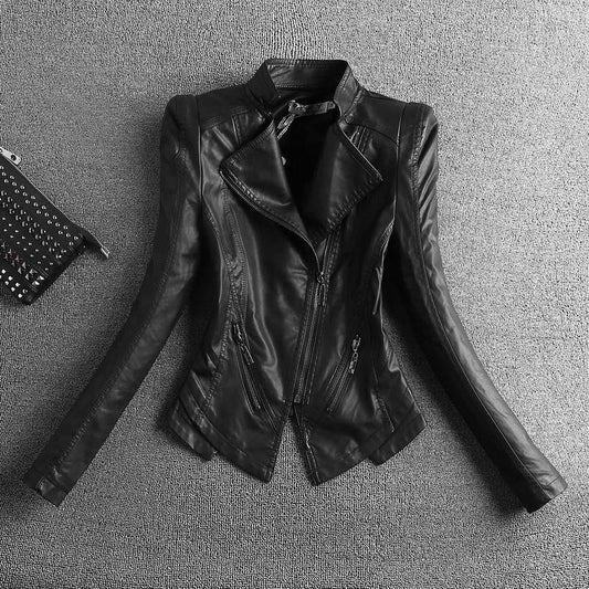 Skinny stand collar leather jacket - ladieskits - 0