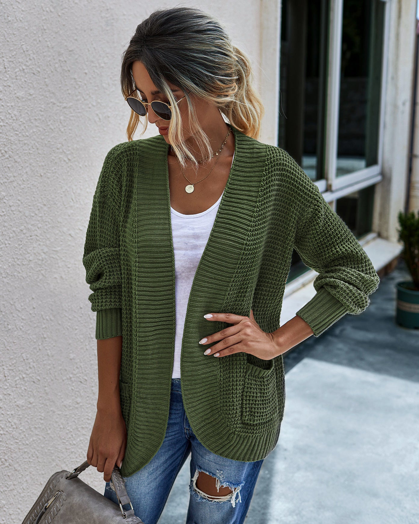 Autumn and Winter Casual Women's Loose Long-Sleeved Cardigan Knitted Sweater - ladieskits - sweatshirt vs sweater