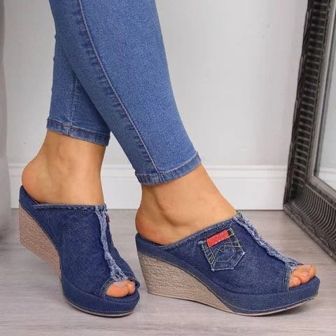 Denim high heels wedge sandals - ladieskits - 0