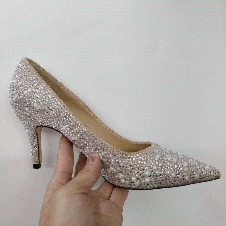Pointed Shallow Mouth Rhinestones Pearl Flat High Heels Single Shoes Women - ladieskits - 0