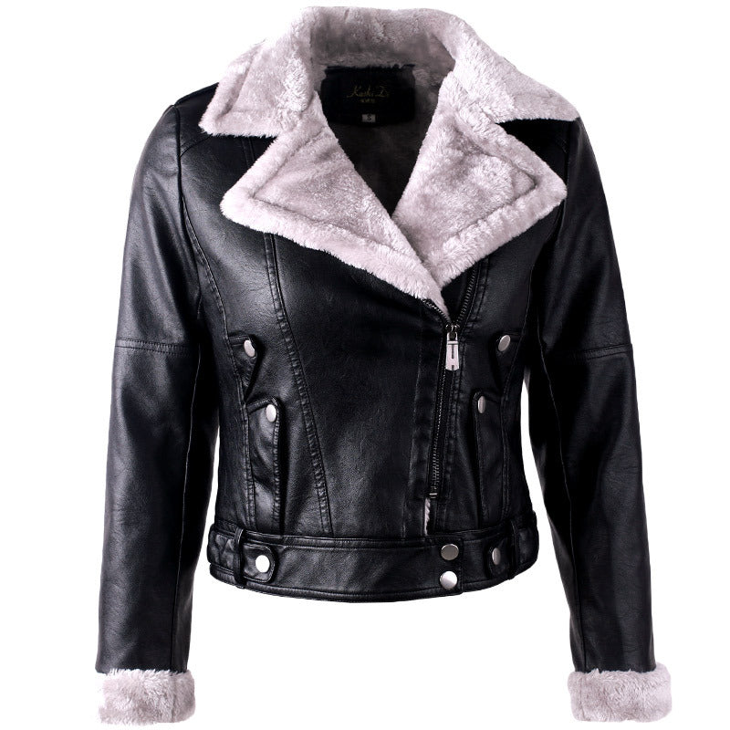 Large Lapel Long Sleeves Plus Velvet Thick Leather Jacket Women - ladieskits - 0