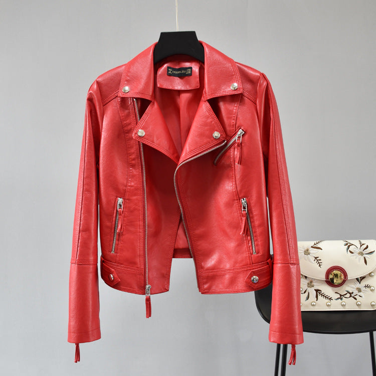 Rivet Suit Collar Waist Short Leather Jacket Women - ladieskits - 0