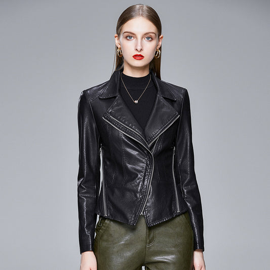 Slim-fit trendy PU ladies jacket leather jacket - ladieskits - 0