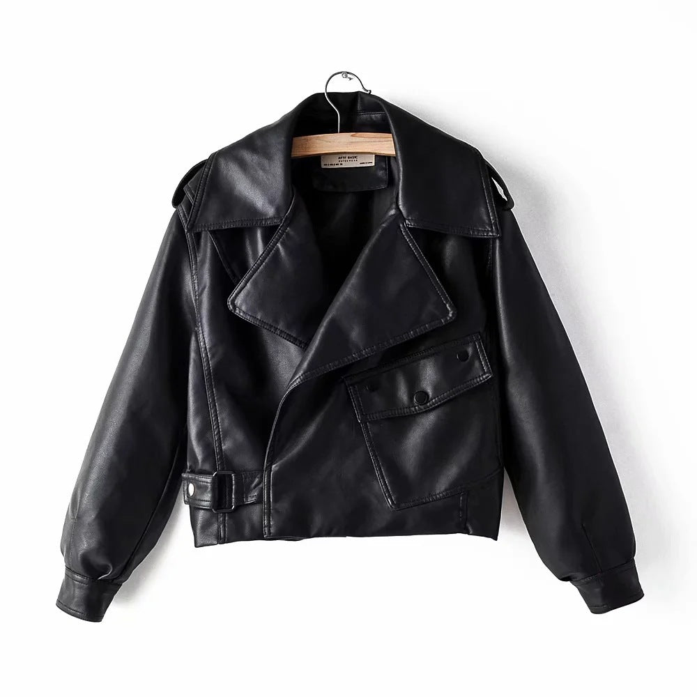 Lapel Short Motorcycle Leather Ladies Jacket - ladieskits - 0