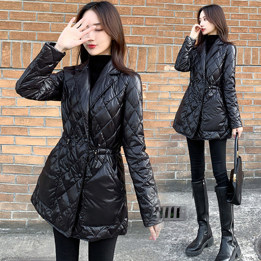 Winter slim waist mid-length imitation down jacket women shiny black suit collar cotton jacket - ladieskits - jacket