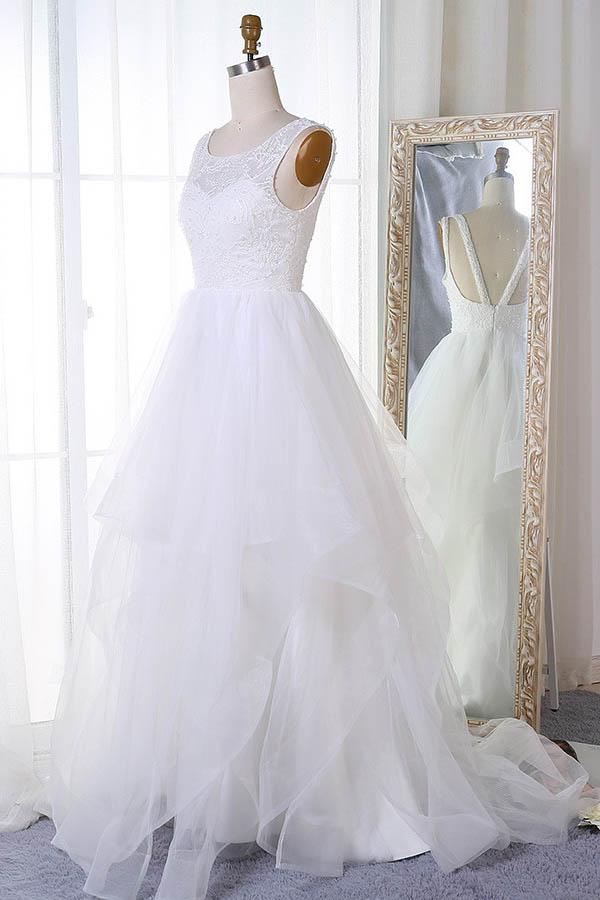 A-line Jewel Neck Organza Princess White Wedding Dress, Robe De Mariée,GDC1270