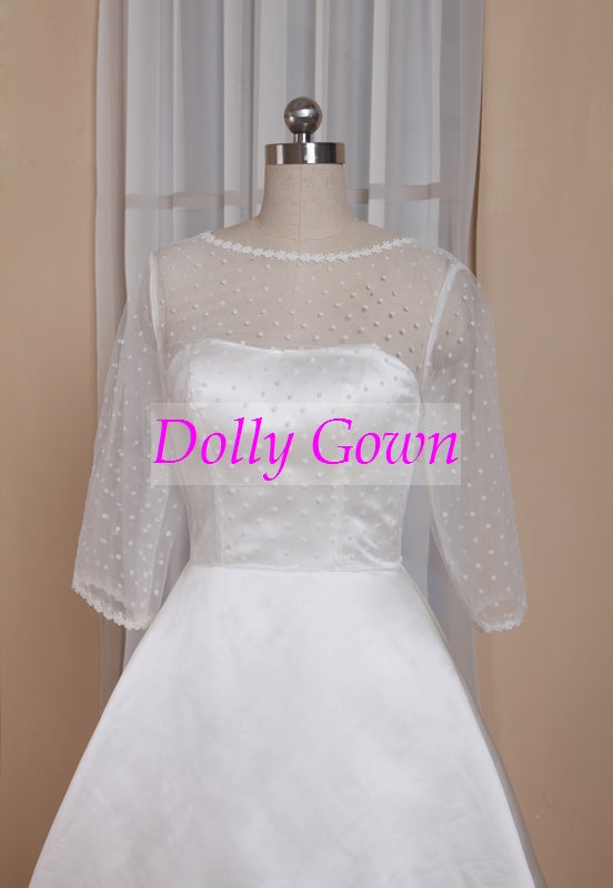 A-line Pinup Rockabilly Polka Dot Bateau Neck Tea Length 50s Wedding Dress with Sleeves,GDC1523