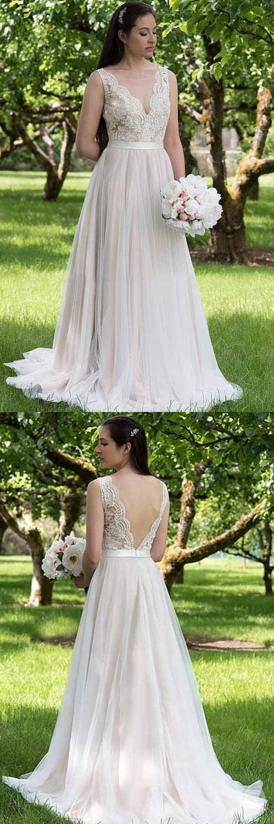 A-line V neck Lace Top Country Wedding Dress with Tulle Bottom, Vestido de novia ,GDC1331