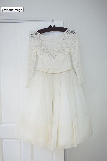 Affordable Country Style Lace Round Neck Tea Length Wedding Dress with 3/4 Sleeves,20110637