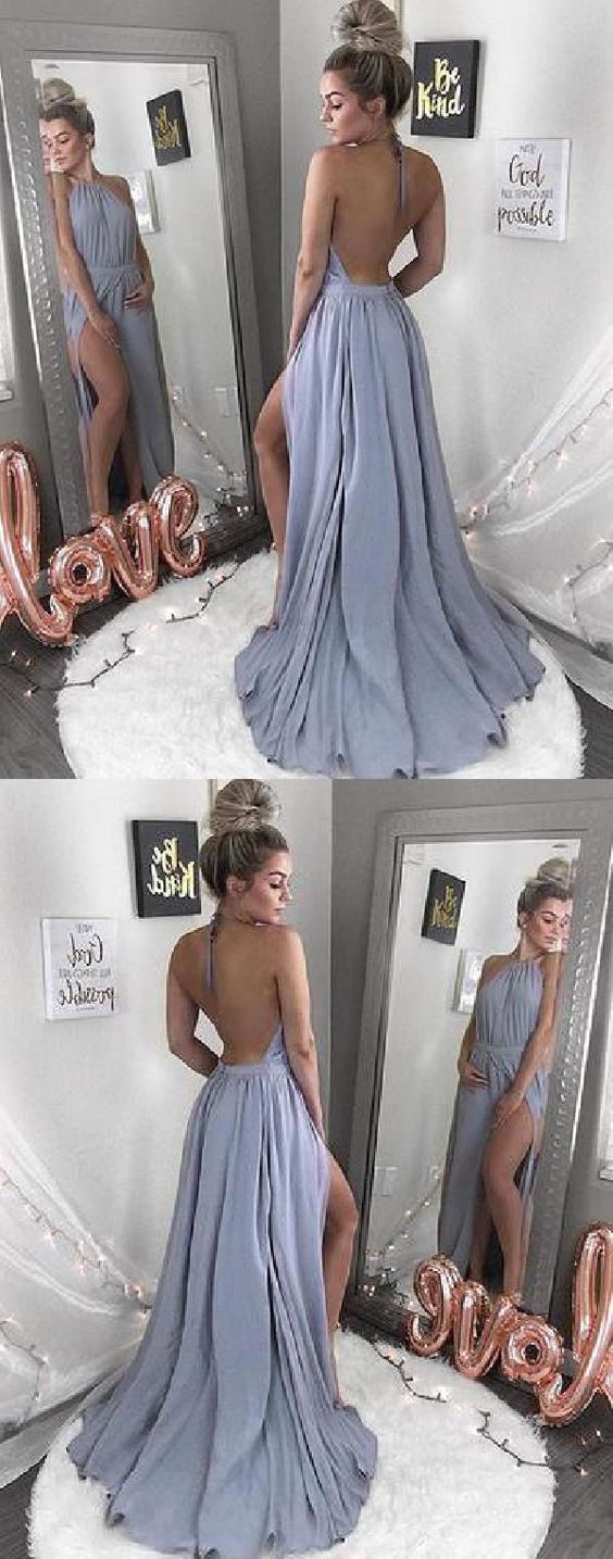 Backless Blue Halter Neck Long Prom Dress,Discount Simple Prom Gown,GDC1136