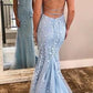 Backless Sky Blue Floral Lace Formal Prom Dress,Mermaid Evening Dress with Court Train,GDC1053