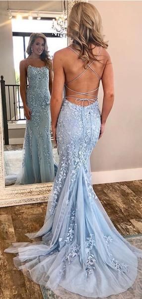 Backless Sky Blue Floral Lace Formal Prom Dress,Mermaid Evening Dress with Court Train,GDC1053