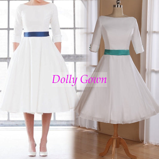Rückenfreies 50er Jahre Teelänge Hochzeitskleid mit Ärmeln,Tiefer V-Rücken Vintage Kurzes Hochzeitskleid mit Taschen,DO025