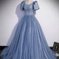 Ball Gown Dusty Blue Prom Dress with Bubble Sleeves