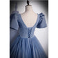 Ball Gown Dusty Blue Prom Dress with Bubble Sleeves