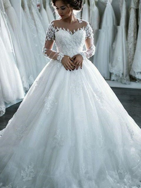 Ballkleid Brautkleider mit Ärmeln Langarm Brautkleid Promi-Hochzeitskleid Robe De Mariée, WD003