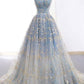 Ball Gown Blue Prom Dress with Delicate Gold Leaf Lace, GDC1073