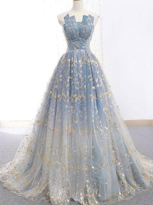 Ball Gown Blue Prom Dress with Delicate Gold Leaf Lace, GDC1073