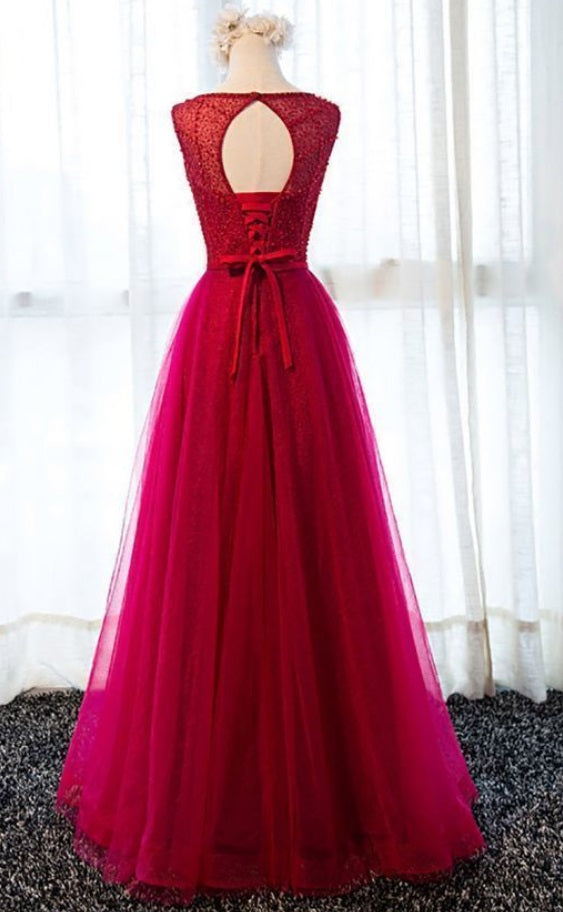 Bateau Neck Red Tulle Modest Prom Dress,21121015