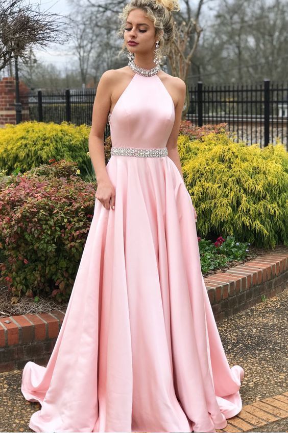 Wunderschönes, rosa Neckholder-Abschluss-Langballkleid, Kleid für besondere Anlässe, GDC1042