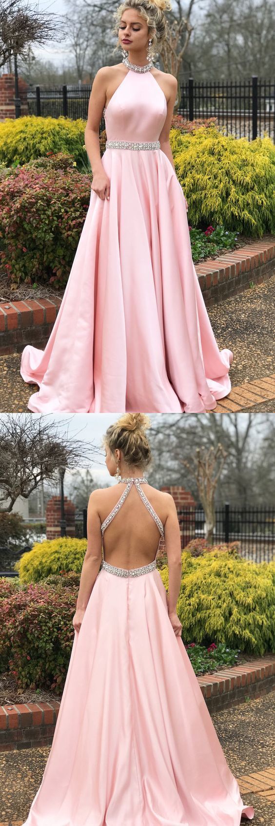 Wunderschönes, rosa Neckholder-Abschluss-Langballkleid, Kleid für besondere Anlässe, GDC1042