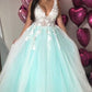 Beautiful Plus Size V neck Mint Green Tulle Lace Applique Prom Dress,GDC1342