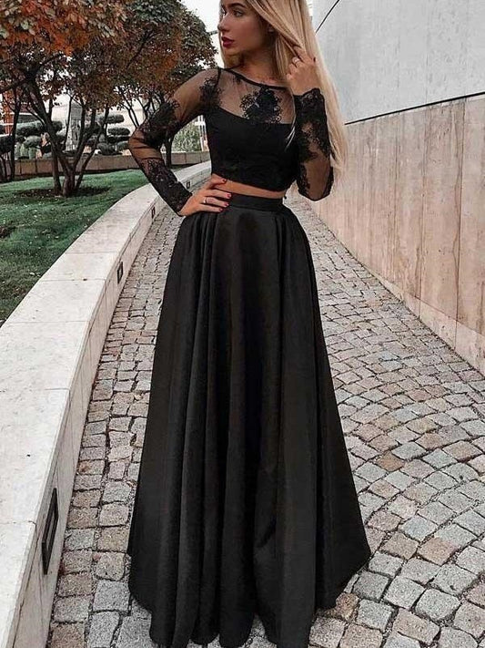 Black Fashion Long Sleeved Lace Two Piece Prom Formal Dress,20081911