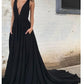 Black Backless Plunge V Neck A-line Prom Dress with Chapel Train,Occasion Dress,GDC1276