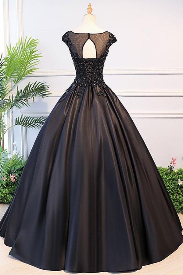 Black Ball Gown Illusion Neck Cap Sleeves Prom Dress,Graduation Ball Gown,GDC1233