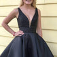 Black Plunge V neck Satin Short Prom Dress with Beading Waist,Sweet 16 Dress,GDC1320