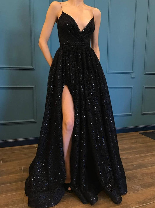 Black Sequins Side Slit A line Spaghetti Straps Party Prom Dress,GDC1093