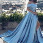 Blue Ball Gown Prom Dress Blue Off the Shoulder Prom Dress with Side Slit 711083