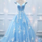 Blue Off Shoulders Lace Puffy Prom Dress ,21121321