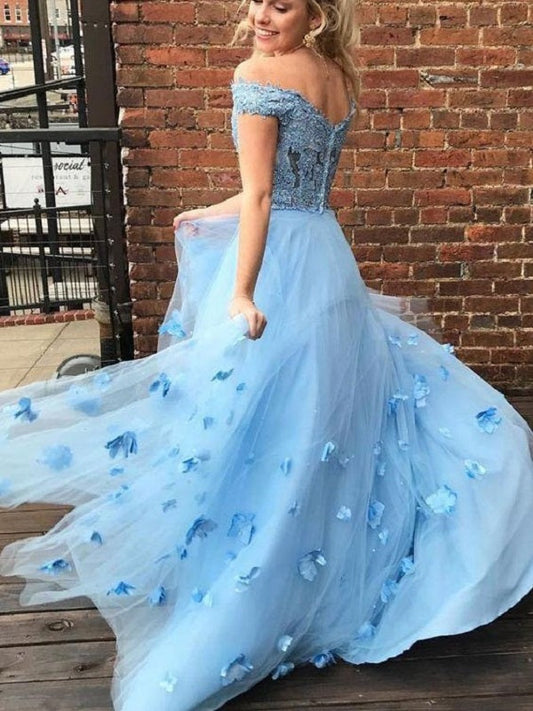Blue Pretty Off the Shoulder Lace Two Piece Long Prom Dress with 3D flowers,20082201