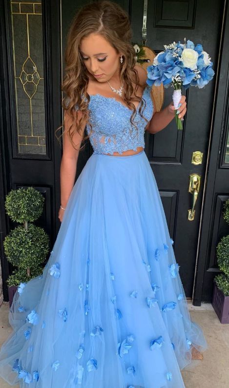 Blue Pretty Off the Shoulder Lace Two Piece Long Prom Dress with 3D flowers,20082201