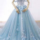 Blue Ball Gown Delicate Florals Prom Gown Long Tulle Prom Dress with Chapel Train,GDC1150