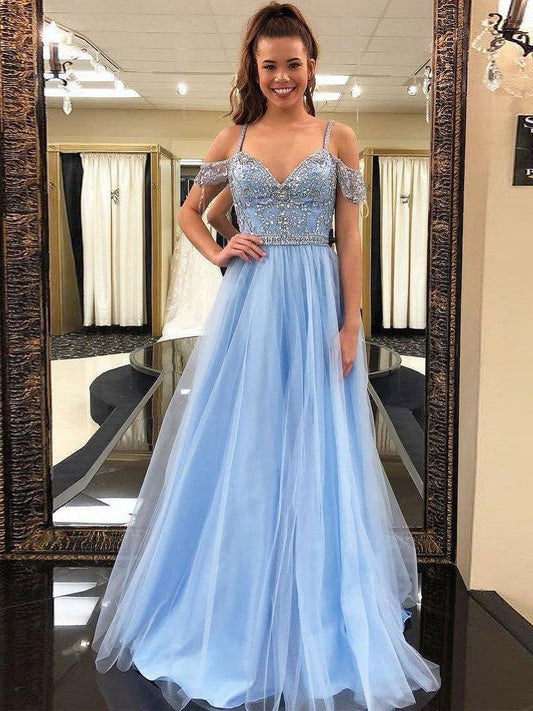 Blue Formal Sweet 16 Graduation Long Tulle Prom Dress with Delicate Beading,GDC1170