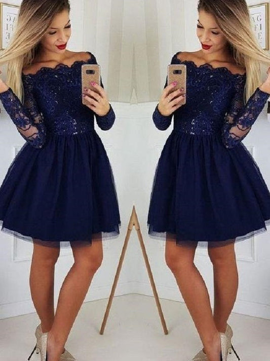 Mini robe de soirée courte bleue à manches longues, robe de bal courte, GDC1308 