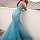 Blue Organza Lace Appliques Mermaid See Through Prom Dress Formal Dress,GDC1256