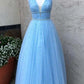 Blue Tulle Plunge V neck Occasion Prom Dress with scattering Beading ,GDC1243