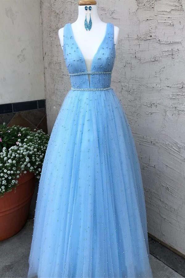 Blue Tulle Plunge V neck Occasion Prom Dress with scattering Beading ,GDC1243